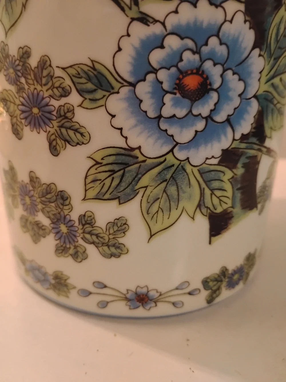 Vintage Japanese Porcelain Cylinder Vase Blue Peony & Pheasants Mid century 10